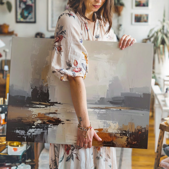 Foggy Horizon Canvas – Abstract Landscape in Soft Beige, Gray, and Earthy Tones - Gifitto