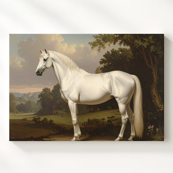 Serene White Horse Canvas – Classical Equestrian Landscape Art - Gifitto