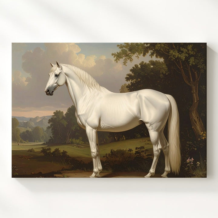 Serene White Horse Canvas – Classical Equestrian Landscape Art - Gifitto