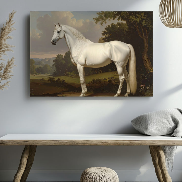 Serene White Horse Canvas – Classical Equestrian Landscape Art - Gifitto