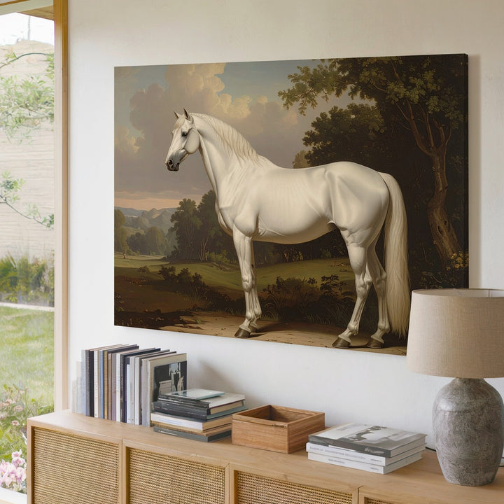 Serene White Horse Canvas – Classical Equestrian Landscape Art - Gifitto