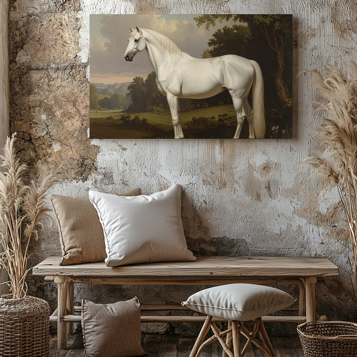 Serene White Horse Canvas – Classical Equestrian Landscape Art - Gifitto