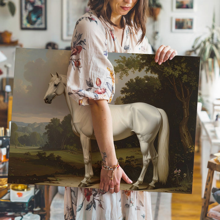 Serene White Horse Canvas – Classical Equestrian Landscape Art - Gifitto