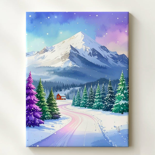 Whimsical Winter Wonderland Canvas – Colorful Mountain Landscape with Cabin - Gifitto
