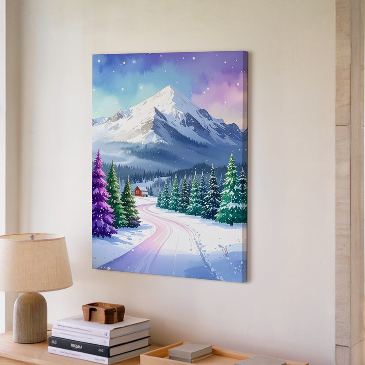 Whimsical Winter Wonderland Canvas – Colorful Mountain Landscape with Cabin - Gifitto