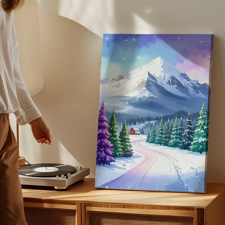 Whimsical Winter Wonderland Canvas – Colorful Mountain Landscape with Cabin - Gifitto