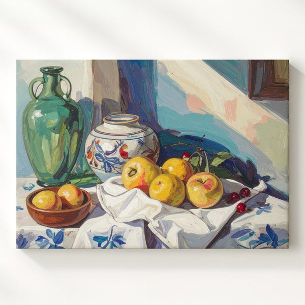 Mediterranean Still Life Canvas – Painterly Fruit & Tableware on Blue Floral Cloth - Gifitto