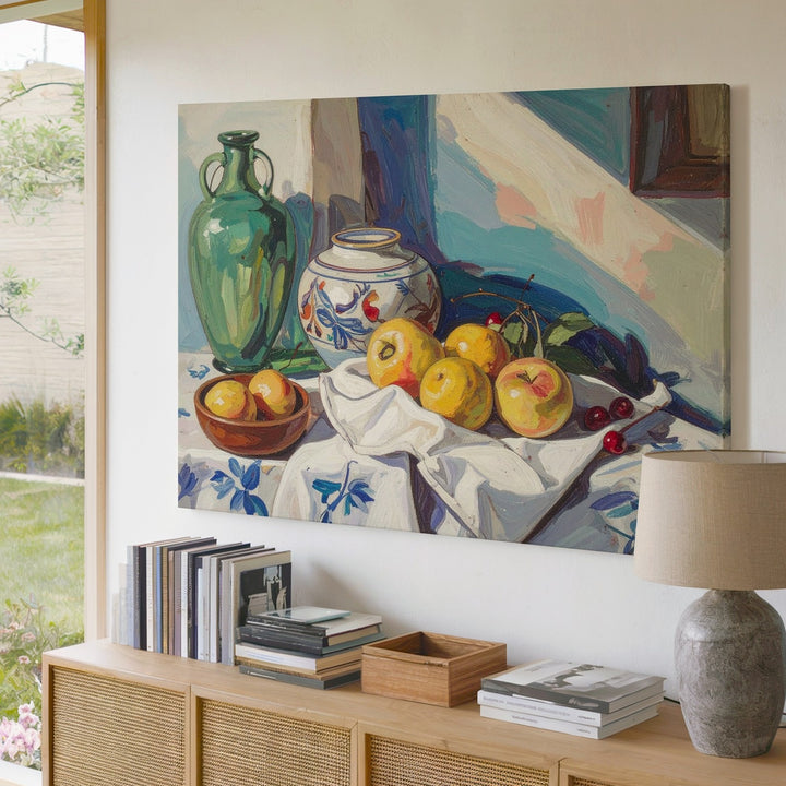 Mediterranean Still Life Canvas – Painterly Fruit & Tableware on Blue Floral Cloth - Gifitto