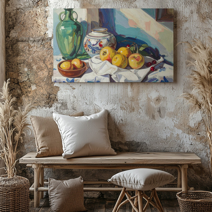 Mediterranean Still Life Canvas – Painterly Fruit & Tableware on Blue Floral Cloth - Gifitto