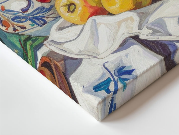 Mediterranean Still Life Canvas – Painterly Fruit & Tableware on Blue Floral Cloth - Gifitto