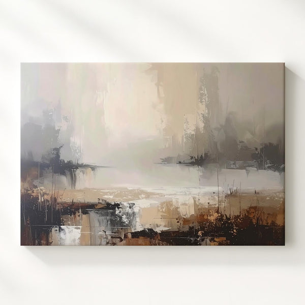 Misty Morning Horizon Canvas – Abstract Landscape in Soft Beige, Gray, and Earthy Tones - Gifitto