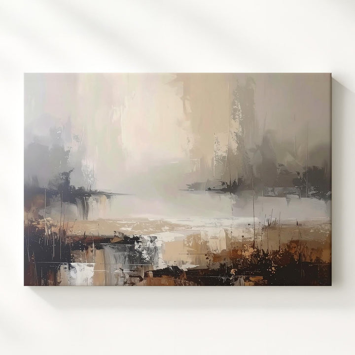 Misty Morning Horizon Canvas – Abstract Landscape in Soft Beige, Gray, and Earthy Tones - Gifitto
