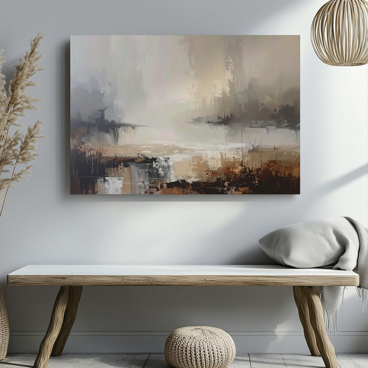 Misty Morning Horizon Canvas – Abstract Landscape in Soft Beige, Gray, and Earthy Tones - Gifitto
