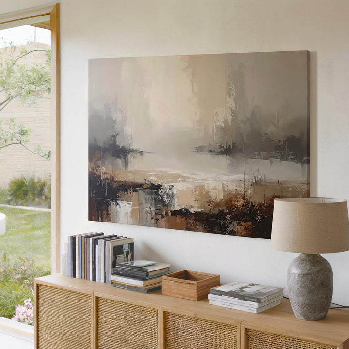 Misty Morning Horizon Canvas – Abstract Landscape in Soft Beige, Gray, and Earthy Tones - Gifitto