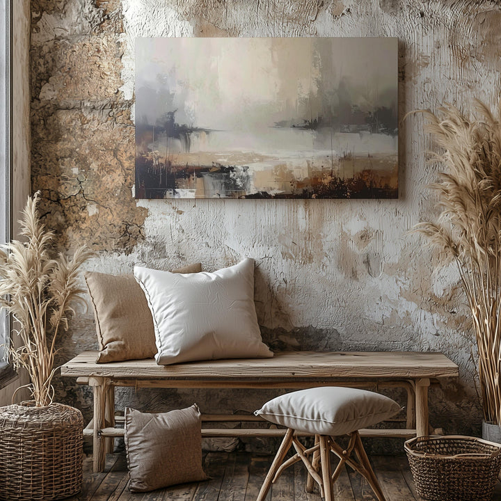 Misty Morning Horizon Canvas – Abstract Landscape in Soft Beige, Gray, and Earthy Tones - Gifitto