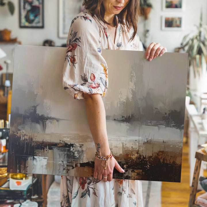 Misty Morning Horizon Canvas – Abstract Landscape in Soft Beige, Gray, and Earthy Tones - Gifitto