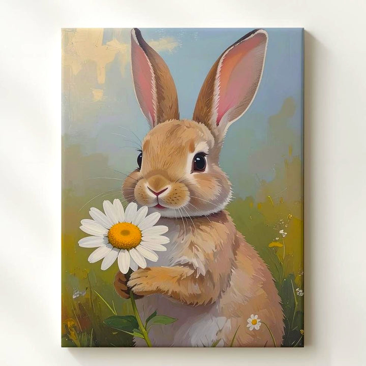 Rabbit with Daisy Canvas – Soft Spring Portrait Wall Art - Gifitto