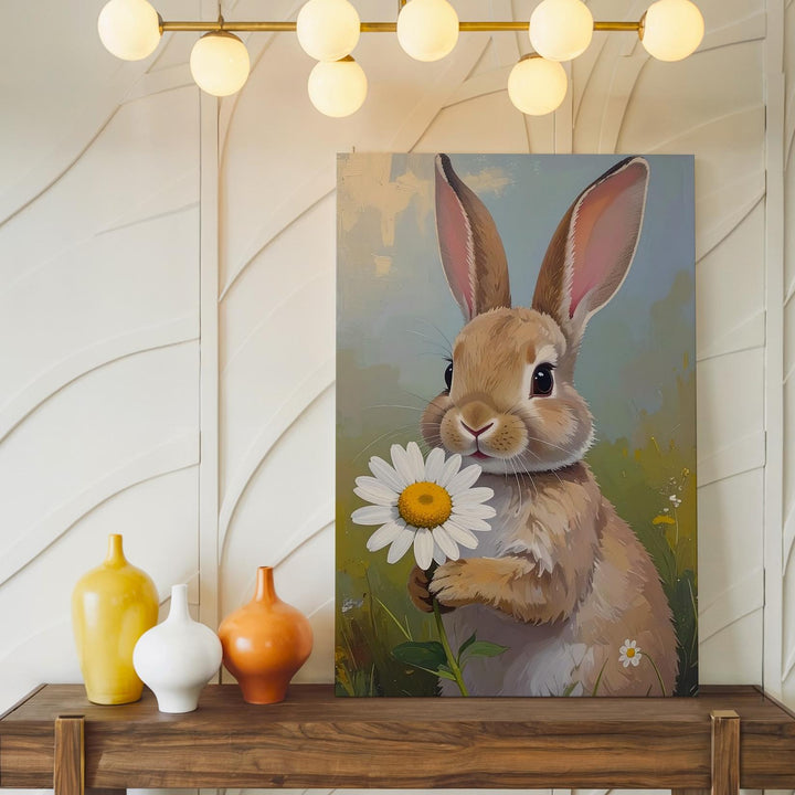Rabbit with Daisy Canvas – Soft Spring Portrait Wall Art - Gifitto