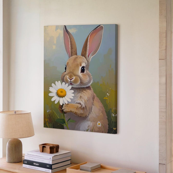 Rabbit with Daisy Canvas – Soft Spring Portrait Wall Art - Gifitto