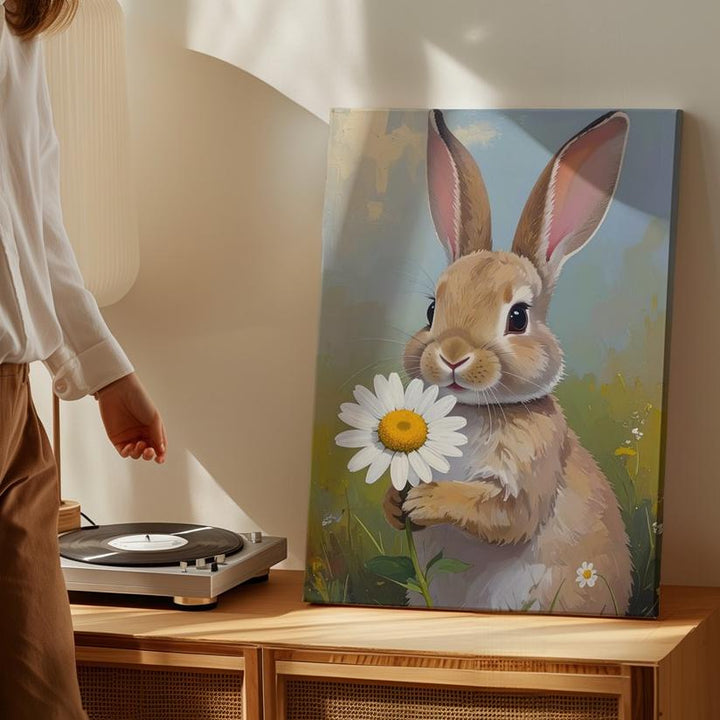 Rabbit with Daisy Canvas – Soft Spring Portrait Wall Art - Gifitto