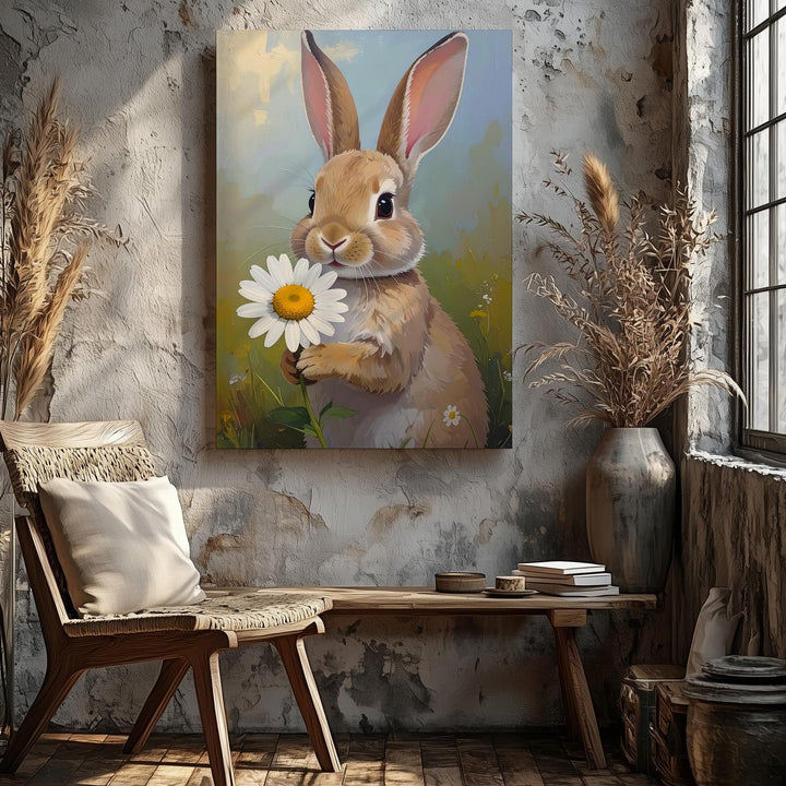 Rabbit with Daisy Canvas – Soft Spring Portrait Wall Art - Gifitto