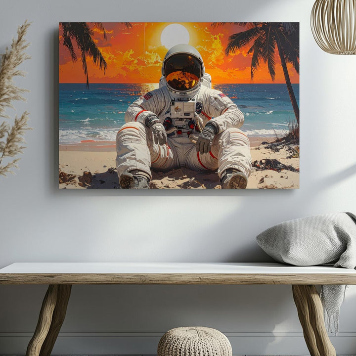 Beachside Astronaut Canvas – Surreal Sunset Scene with Space Suit & Ocean - Gifitto