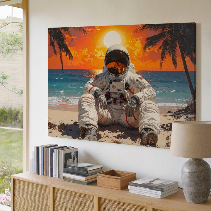 Beachside Astronaut Canvas – Surreal Sunset Scene with Space Suit & Ocean - Gifitto