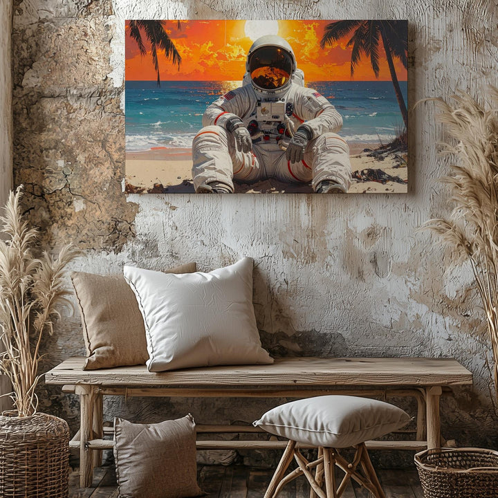 Beachside Astronaut Canvas – Surreal Sunset Scene with Space Suit & Ocean - Gifitto