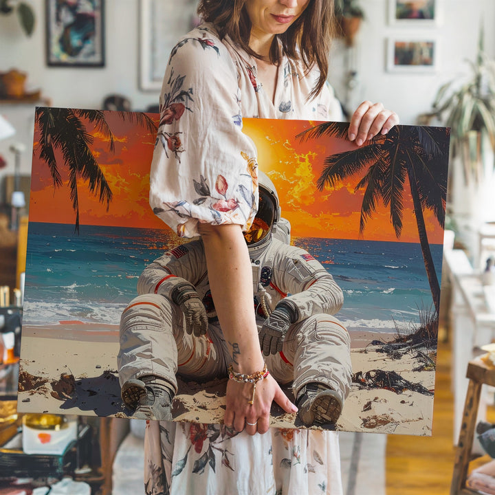Beachside Astronaut Canvas – Surreal Sunset Scene with Space Suit & Ocean - Gifitto
