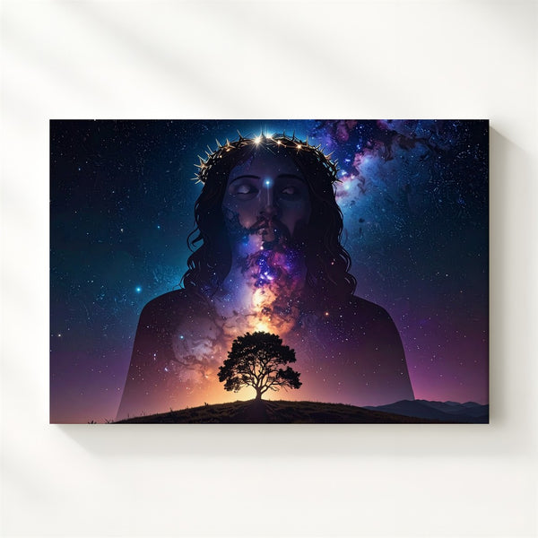 Celestial Christ Canvas – Galactic Silhouette with Crown of Thorns & Starry Sky - Gifitto