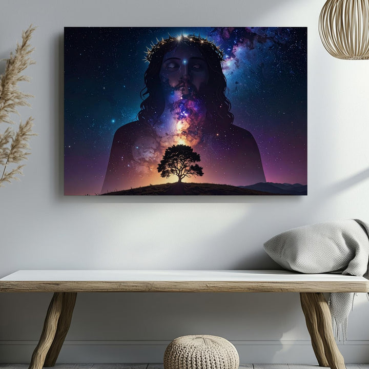 Celestial Christ Canvas – Galactic Silhouette with Crown of Thorns & Starry Sky - Gifitto