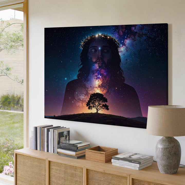Celestial Christ Canvas – Galactic Silhouette with Crown of Thorns & Starry Sky - Gifitto
