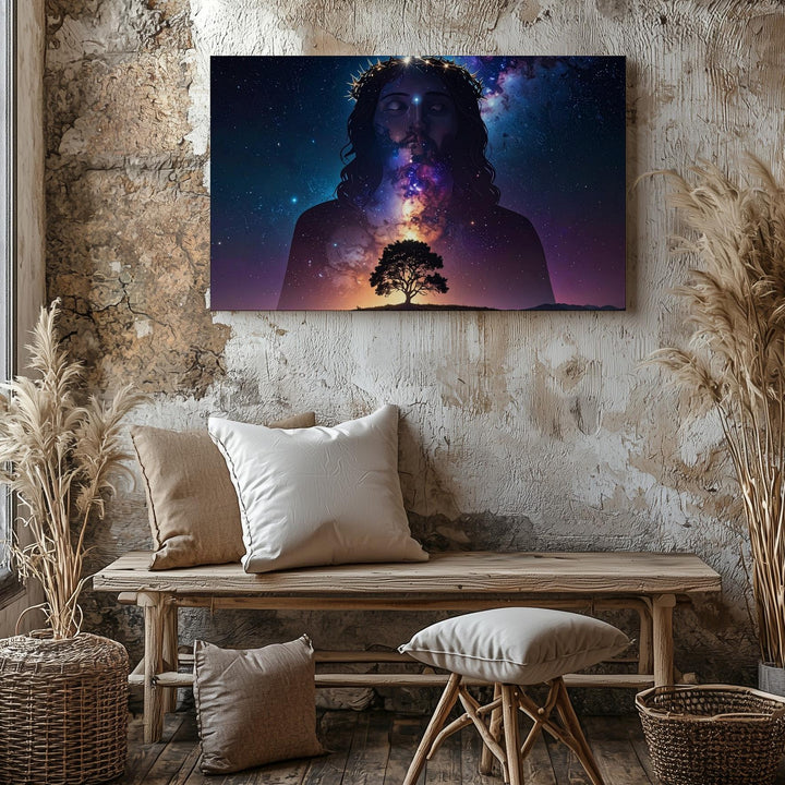 Celestial Christ Canvas – Galactic Silhouette with Crown of Thorns & Starry Sky - Gifitto