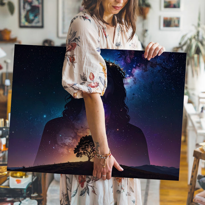 Celestial Christ Canvas – Galactic Silhouette with Crown of Thorns & Starry Sky - Gifitto
