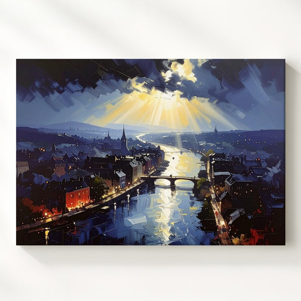 Radiant River Storm Canvas – Dramatic Aerial Cityscape with Sunbeams