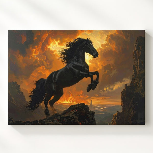 Fiery Black Horse Canvas – Dramatic Fantasy Rearing on Cliff - Gifitto