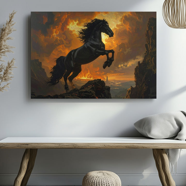 Fiery Black Horse Canvas – Dramatic Fantasy Rearing on Cliff - Gifitto