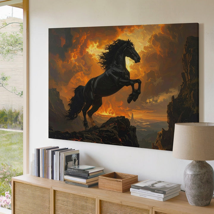 Fiery Black Horse Canvas – Dramatic Fantasy Rearing on Cliff - Gifitto
