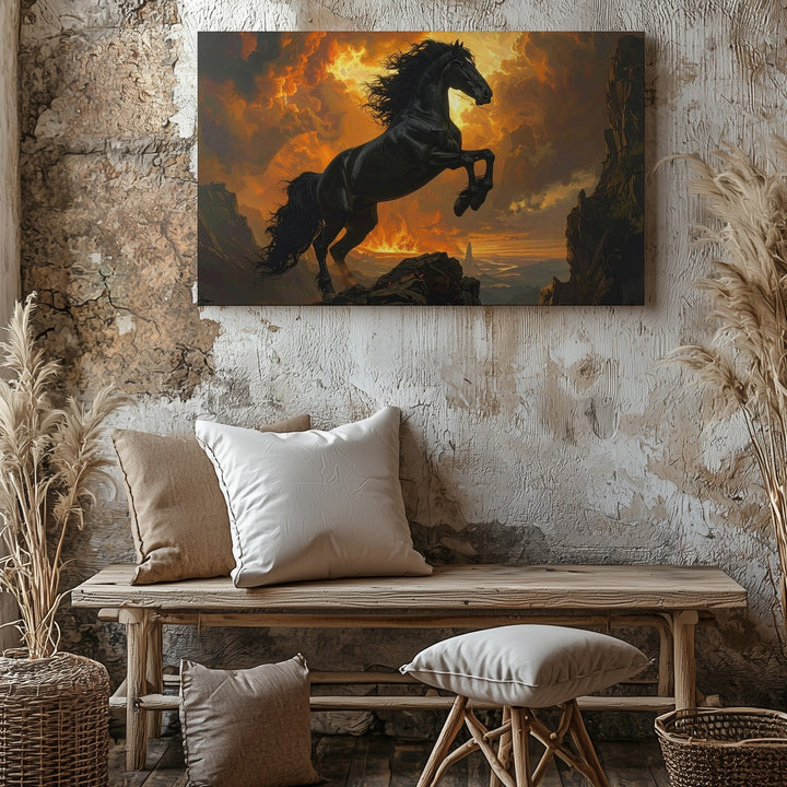 Fiery Black Horse Canvas – Dramatic Fantasy Rearing on Cliff - Gifitto