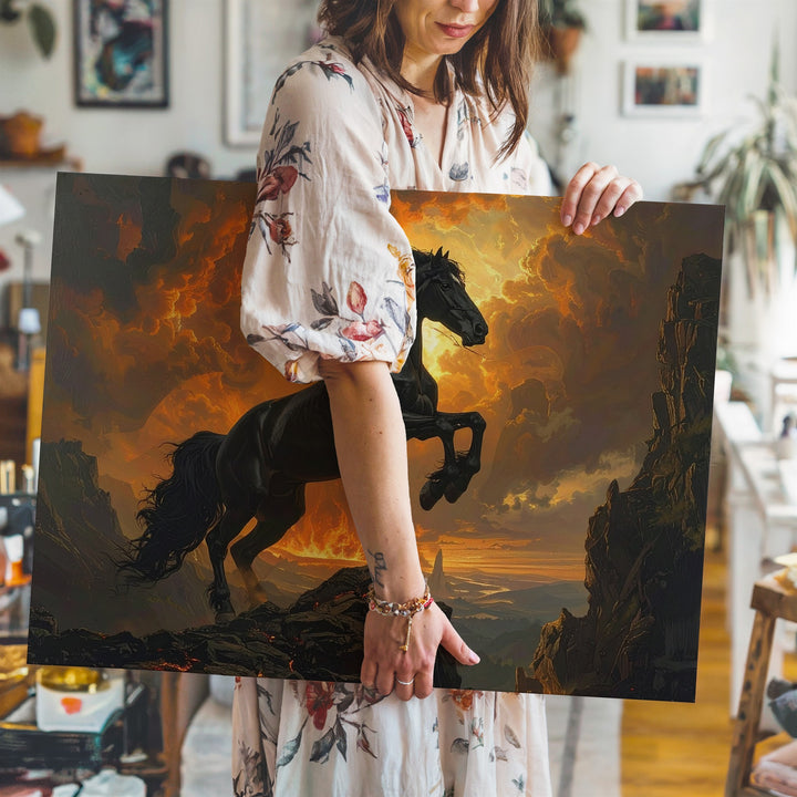 Fiery Black Horse Canvas – Dramatic Fantasy Rearing on Cliff - Gifitto