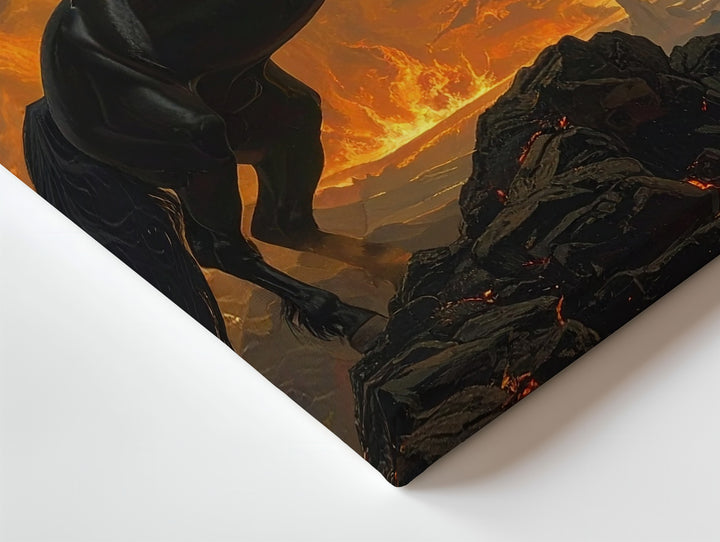 Fiery Black Horse Canvas – Dramatic Fantasy Rearing on Cliff - Gifitto