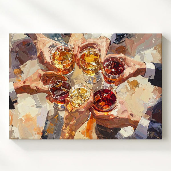 Cheers in Motion Canvas – Top-Down Celebration with Diverse Hands & Drinks - Gifitto