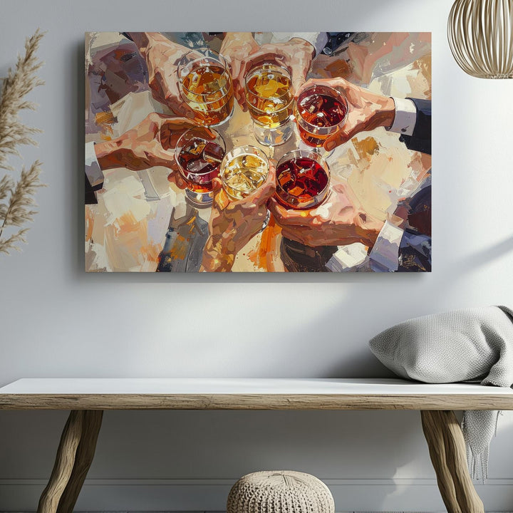 Cheers in Motion Canvas – Top-Down Celebration with Diverse Hands & Drinks - Gifitto