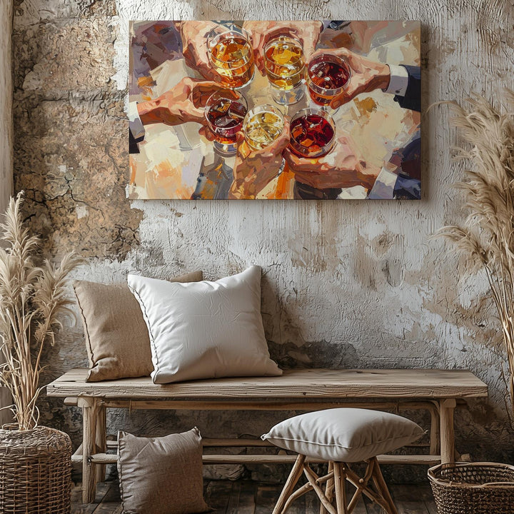 Cheers in Motion Canvas – Top-Down Celebration with Diverse Hands & Drinks - Gifitto