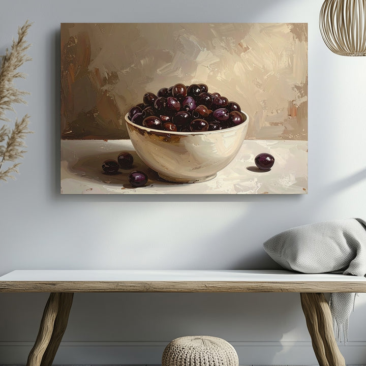 Minimalist Olive Bowl Canvas – Elegant Still Life with Warm Neutral Tones - Gifitto