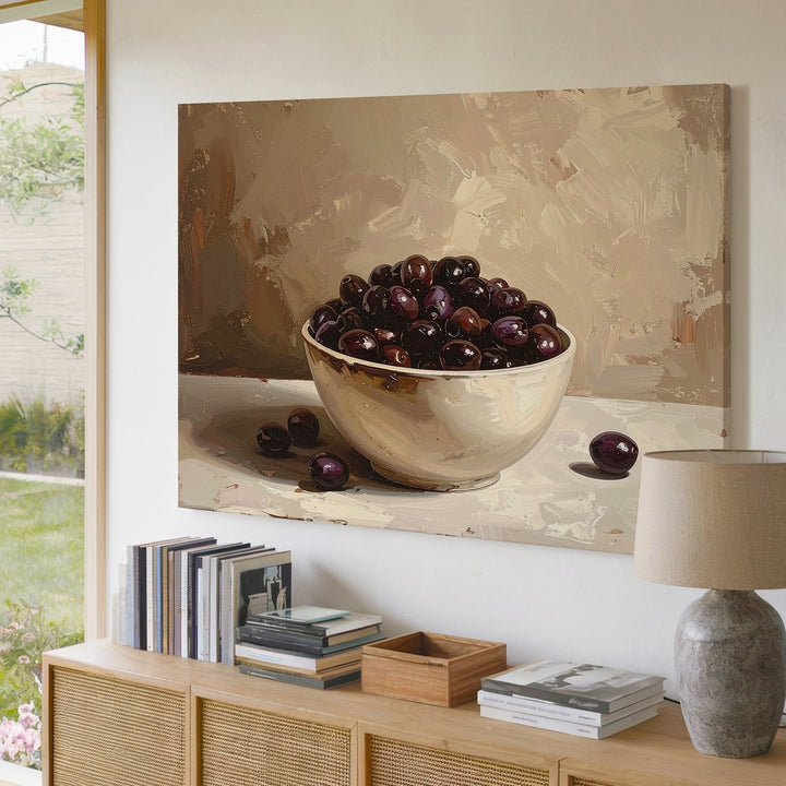Minimalist Olive Bowl Canvas – Elegant Still Life with Warm Neutral Tones - Gifitto