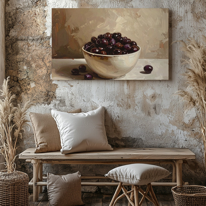 Minimalist Olive Bowl Canvas – Elegant Still Life with Warm Neutral Tones - Gifitto