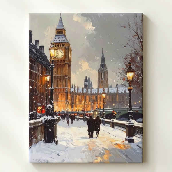 Snowfall in London Canvas – Moody Winter Cityscape with Big Ben
