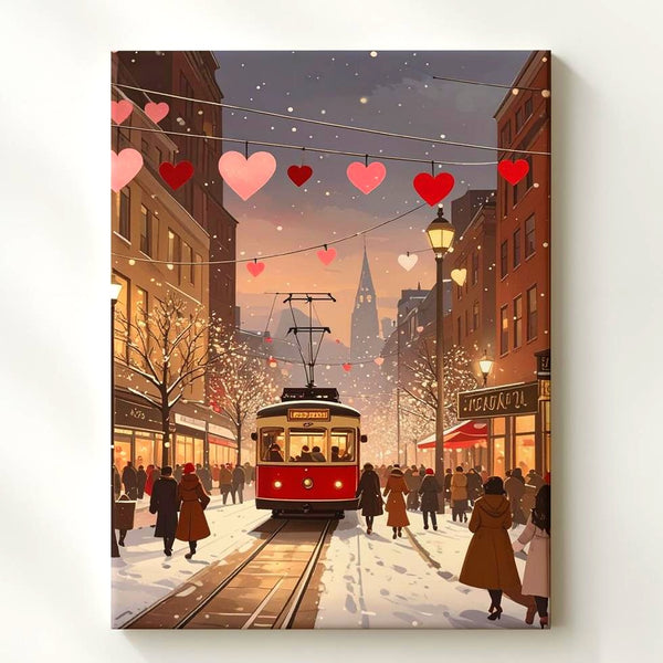 Winter City Romance Canvas – Romantic Tram & Snowy Street Scene - Gifitto