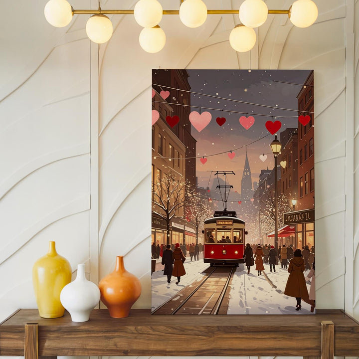 Winter City Romance Canvas – Romantic Tram & Snowy Street Scene - Gifitto